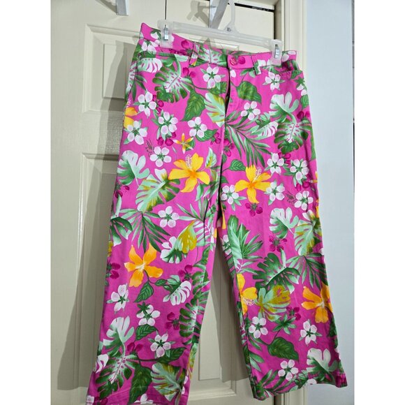 Erika Womens Pink Floral Capri Pants Size 10 Tropical Print Cotton/Spandex Blend - Picture 1 of 6